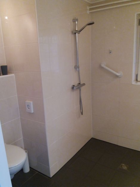 Toegankelijke douchecabine met aan de muur bevestigde handgrepen, handdouche en zitbank in een betegelde badkamer.