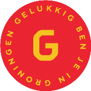 Red circular logo with a yellow “G” and “GELUKKIG BEN JE NIET GRONNINGEN” around the edge