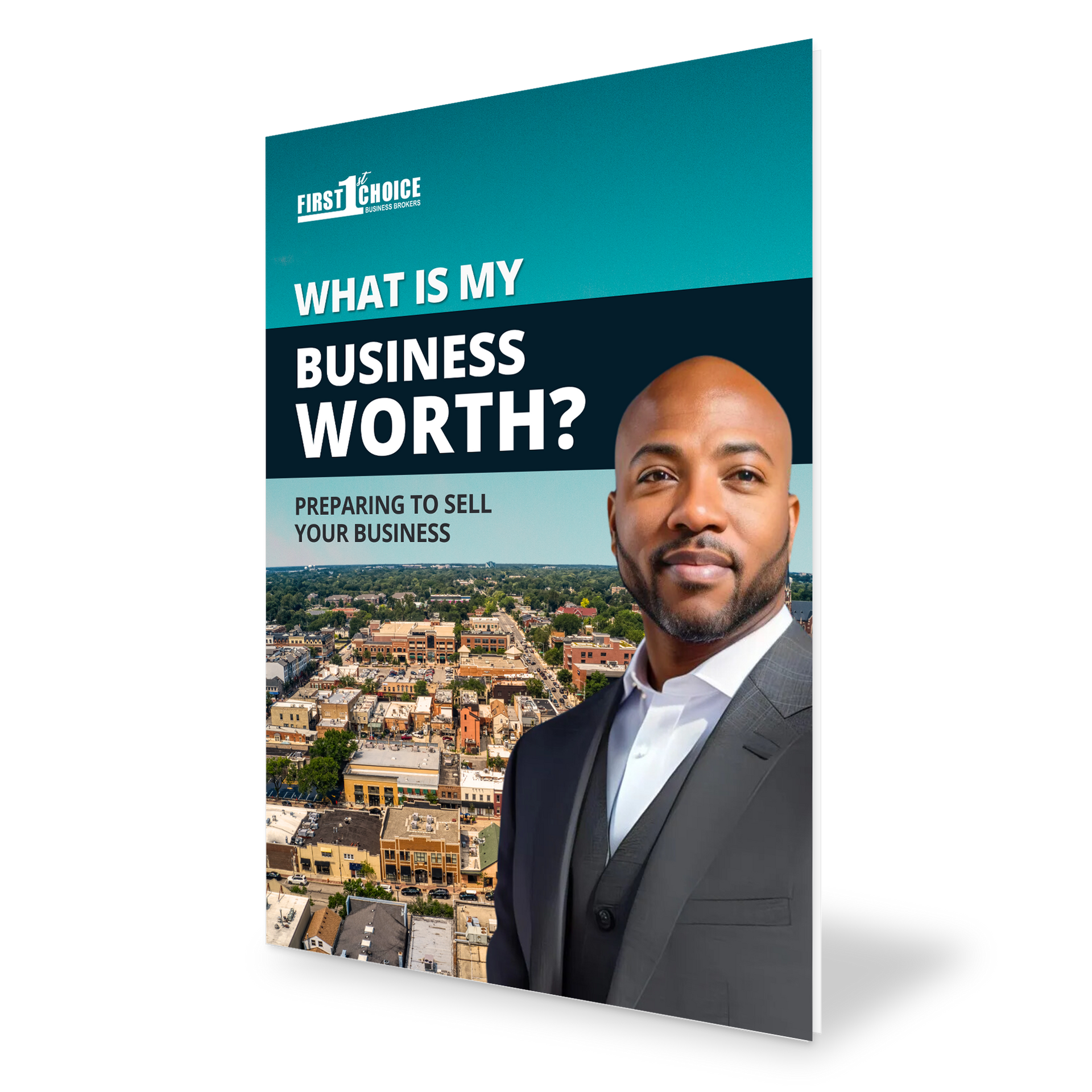 A man in a suit is on the cover of a book titled what is my business worth ?