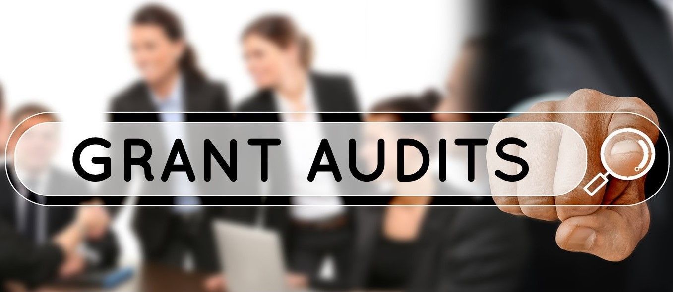 Man pointing finger at screen with the words Grant Audits