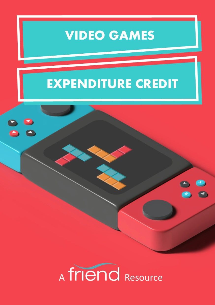 A red and blue video game controller with the words video games expenditure credit above it