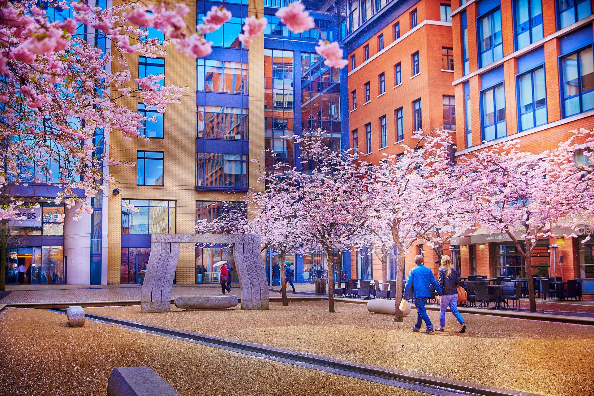 Oozells Square with pink blossoms in view