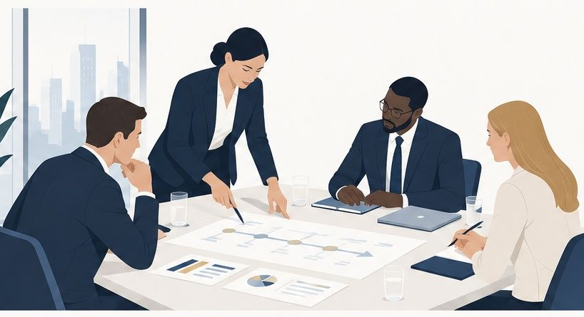 A group of people are sitting at a table with laptops and papers.