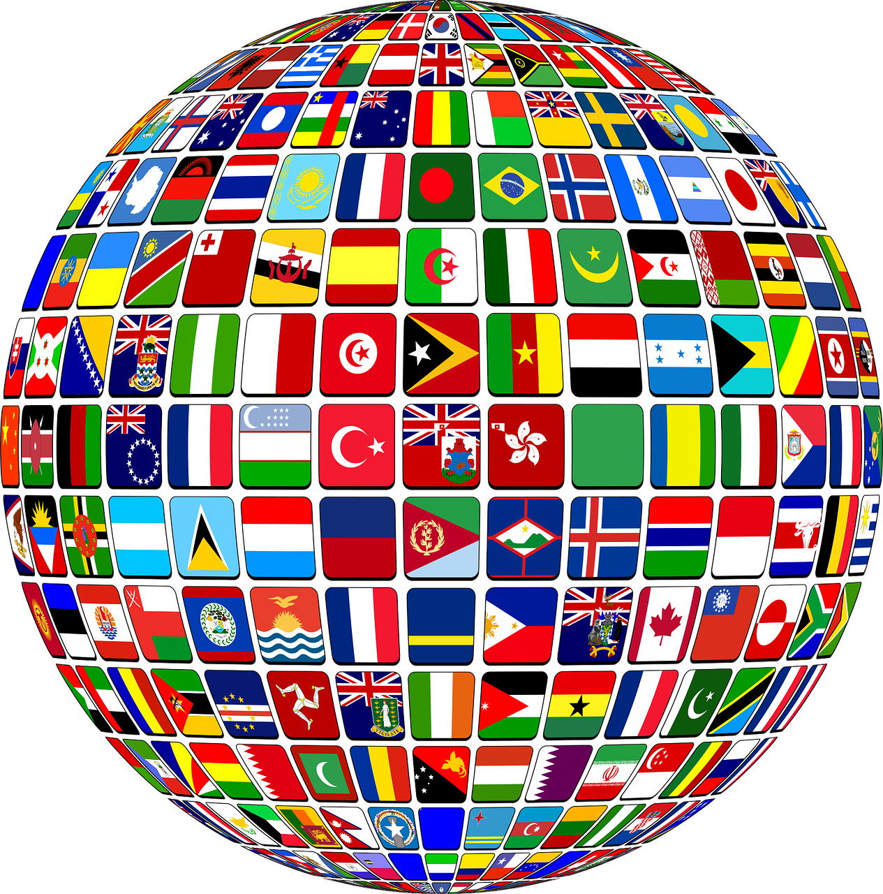 A globe filled with flags from all over the world