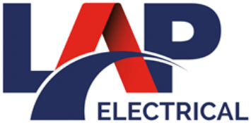 A blue and red logo for LAP Electrical