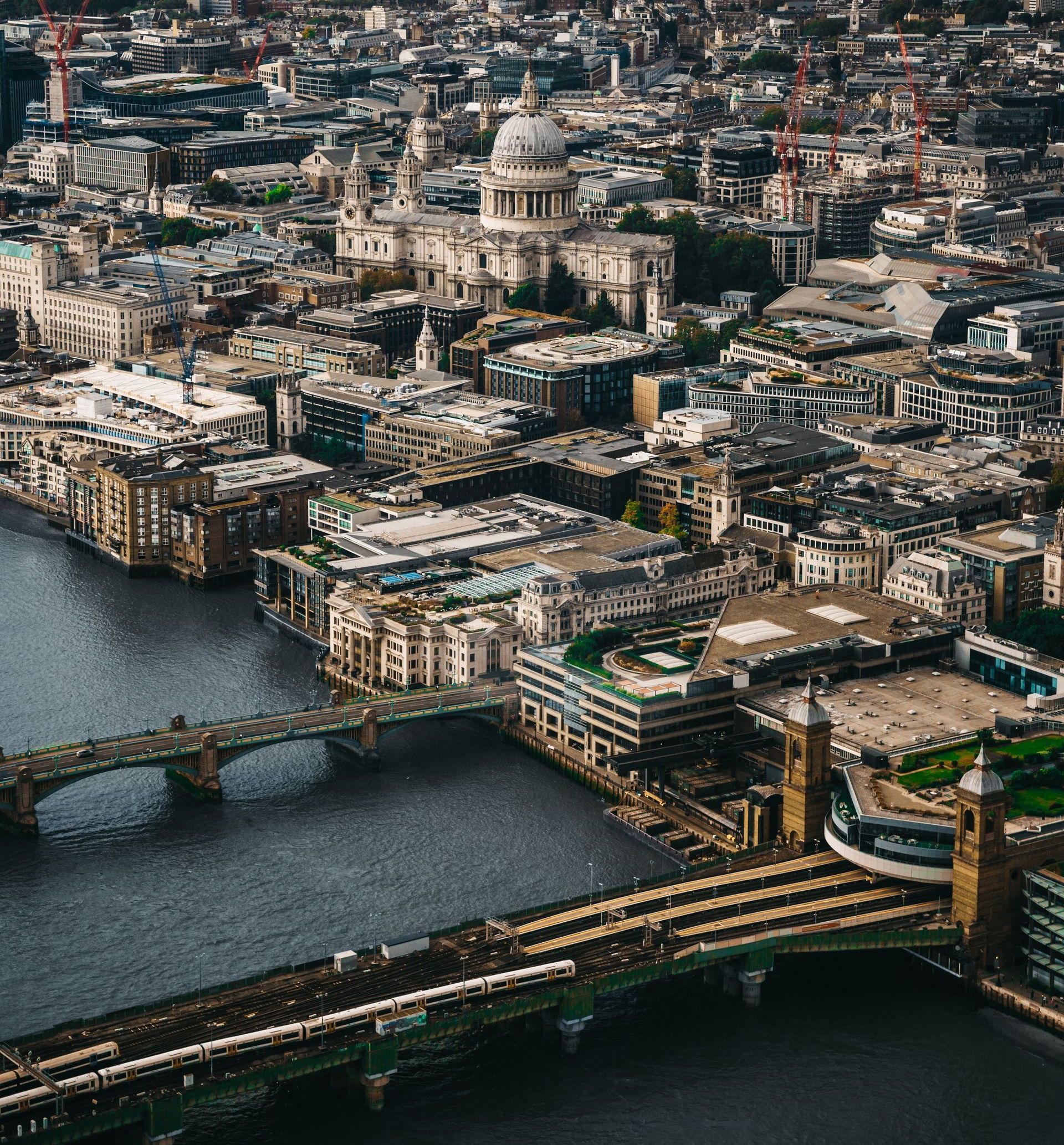 An aerial view of London and the river Thames.