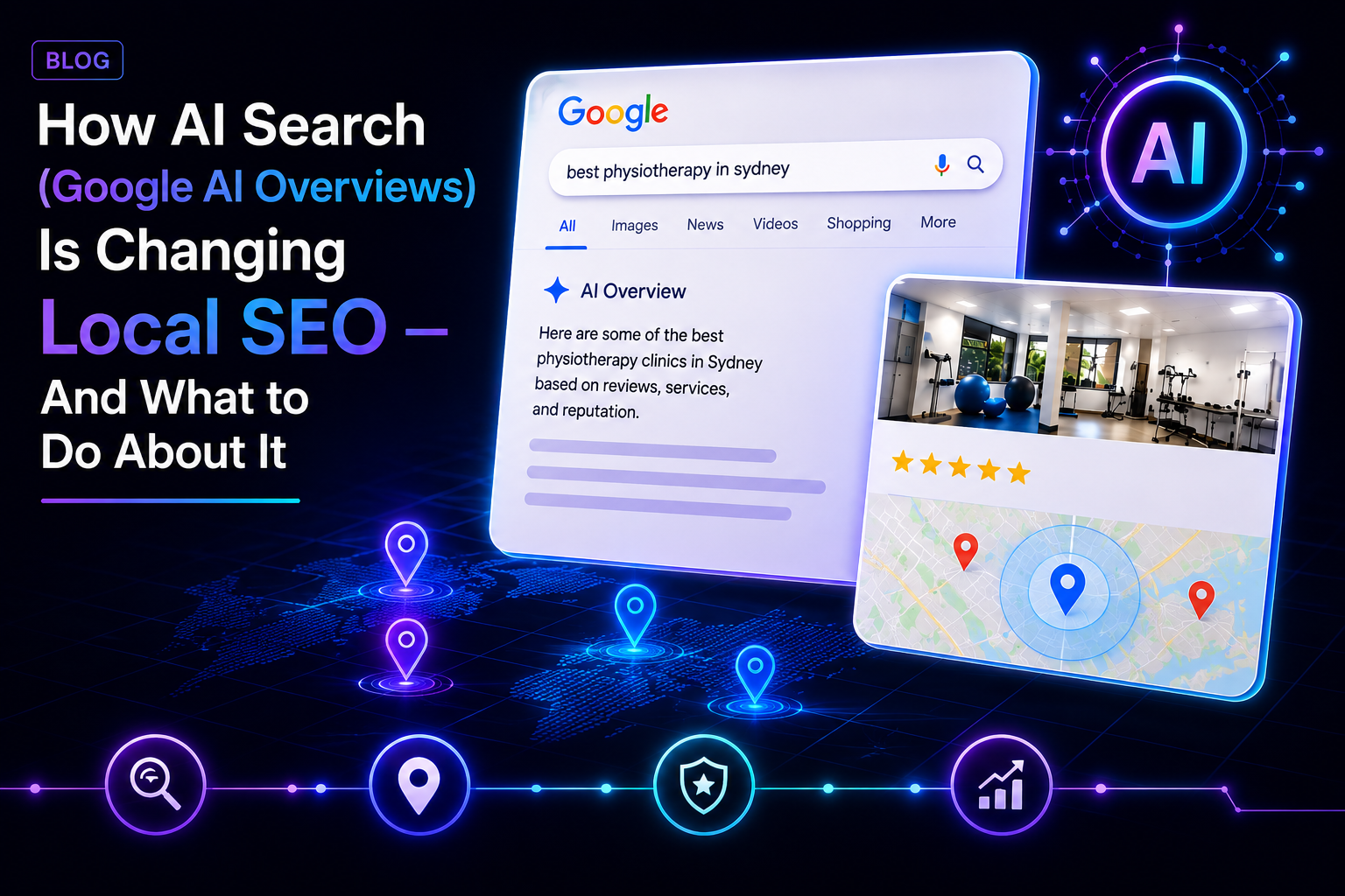 AI search and local SEO graphic with Google results, maps pins, and neon blue-purple icons