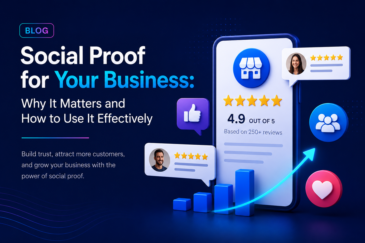 Social proof marketing banner with reviews, stars, and blue analytics graphics on a dark background