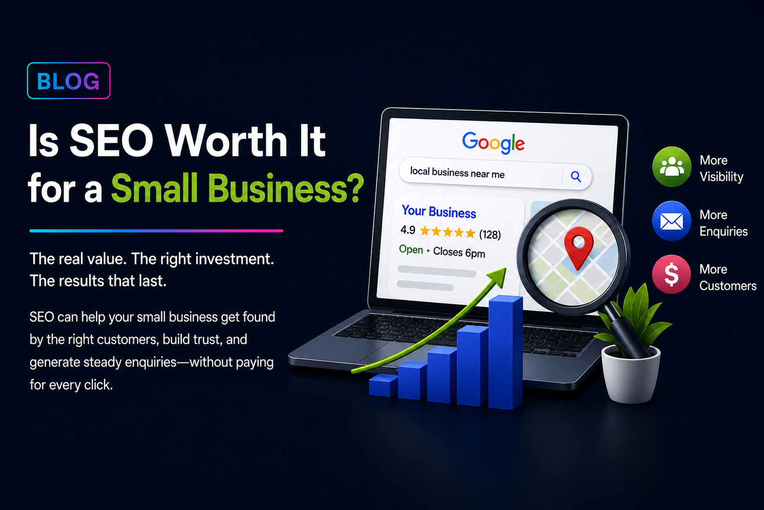 Blog graphic comparing website investment vs social media reach with laptop and smartphone on a dark blue background