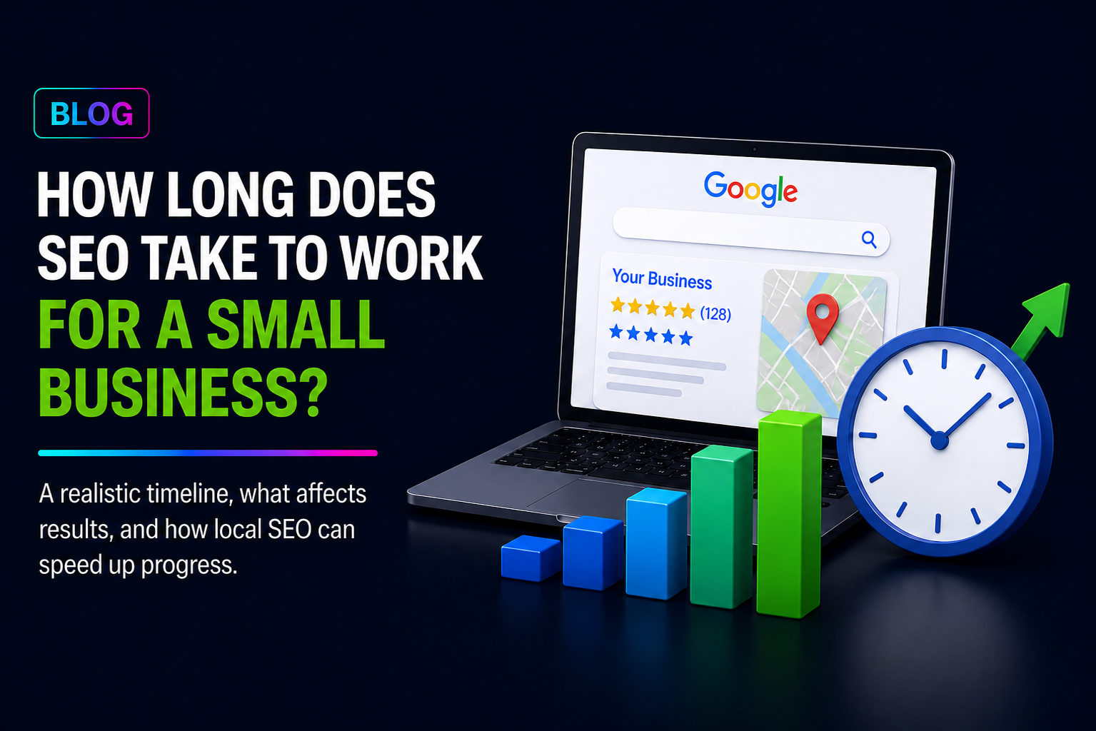 Blog graphic comparing website investment vs social media reach with laptop and smartphone on a dark blue background