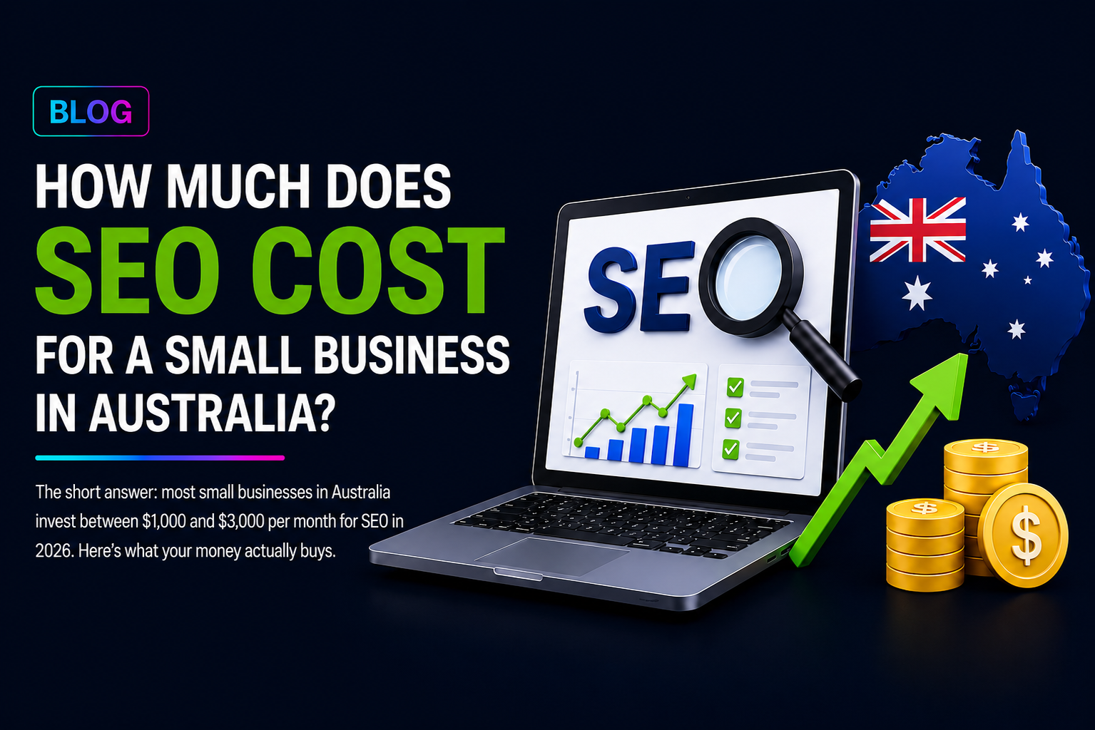 Blog graphic comparing website investment vs social media reach with laptop and smartphone on a dark blue background