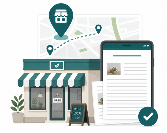 Illustration of a small storefront listing page with map pins and a location checkmark