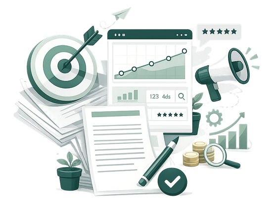 Marketing analytics dashboard with growth chart, target, megaphone, and reports in green tones