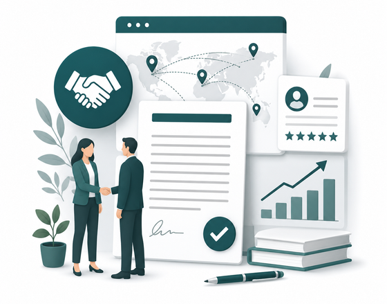 Business handshake illustration with contract, map, checklist, and growth chart on desk