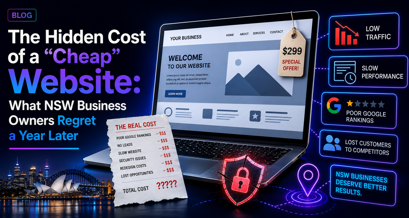 Promotional graphic on hidden costs of a “cheap” website, with laptop, icons, and “one year later” warning text