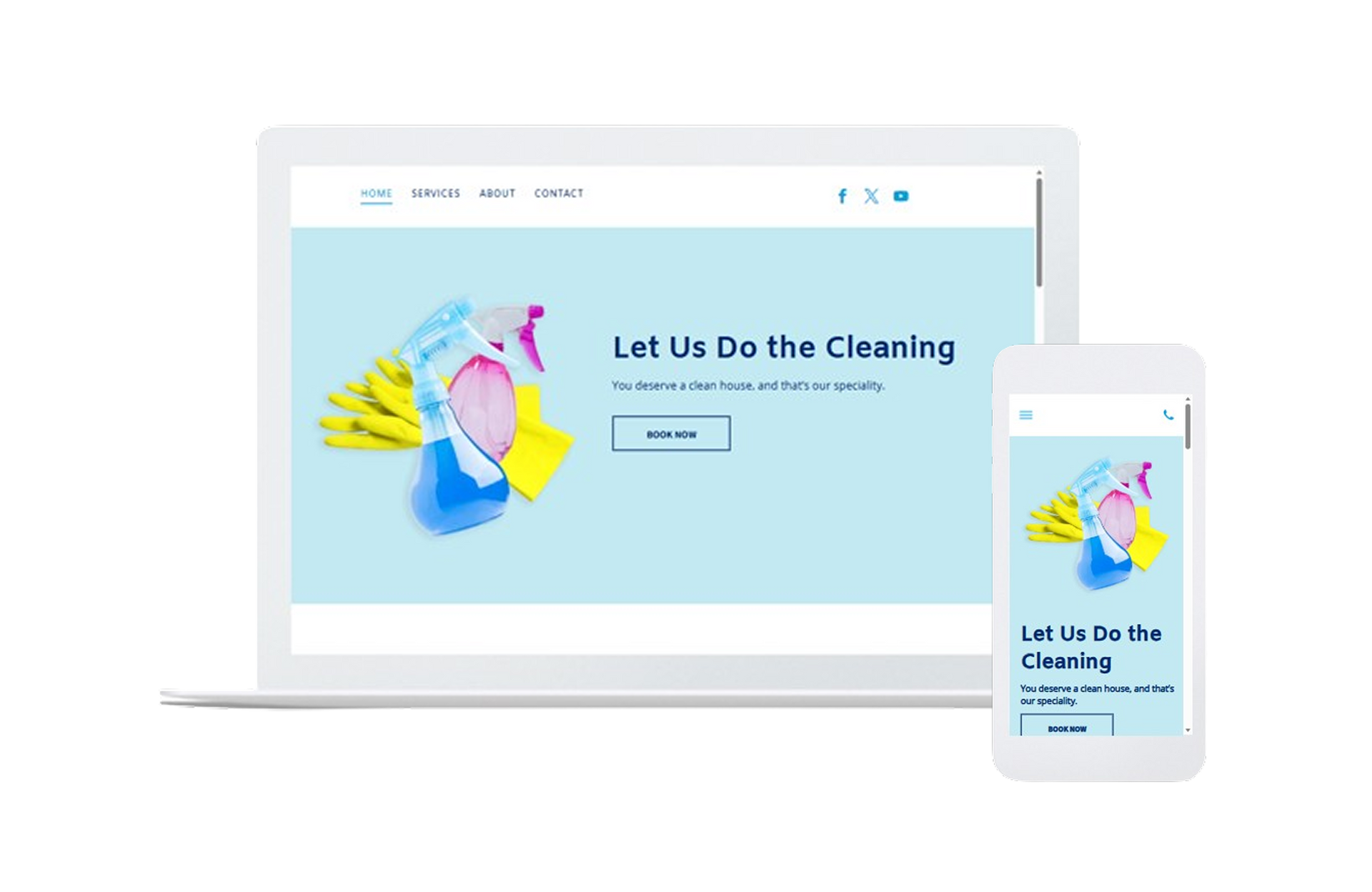 Responsive cleaning service website mockup on laptop and phone with blue-and-yellow graphic and headline “Let Us Do the Cleaning”