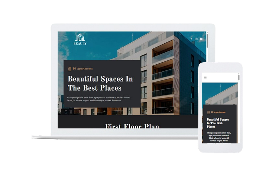 Website mockup shown on laptop and phone with headline “Beautiful Spaces In The Best Places”