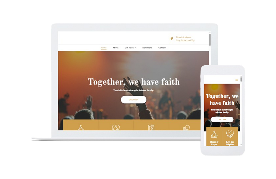 Website mockup on laptop and phone with warm-toned church homepage reading “Together, we have faith”