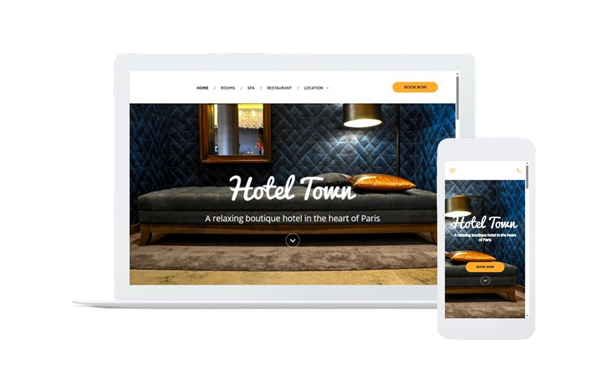 Hotel Town website shown on a laptop and smartphone with a hero image and booking button
