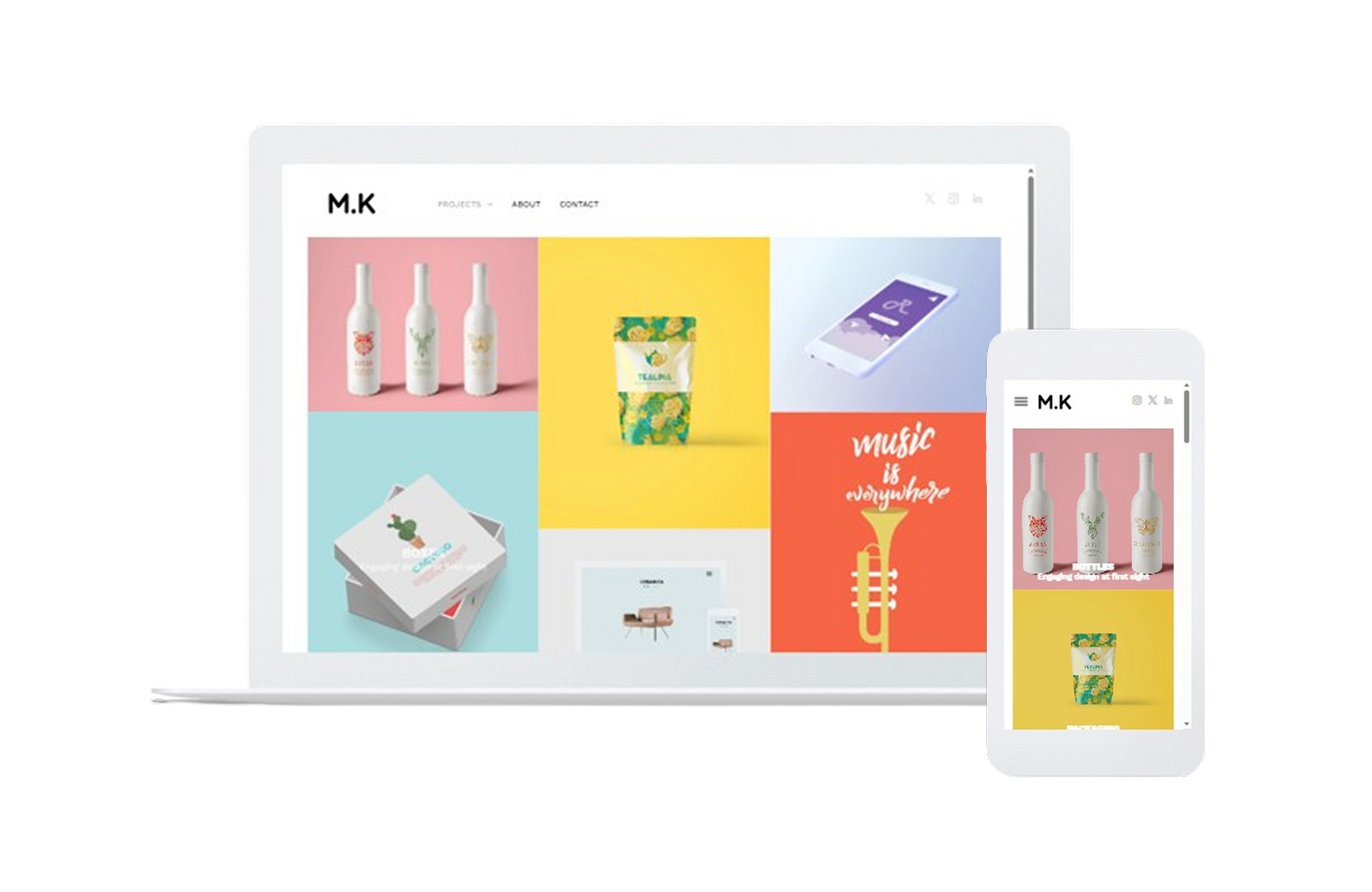 Responsive website mockup on laptop and phone with colorful product tiles
