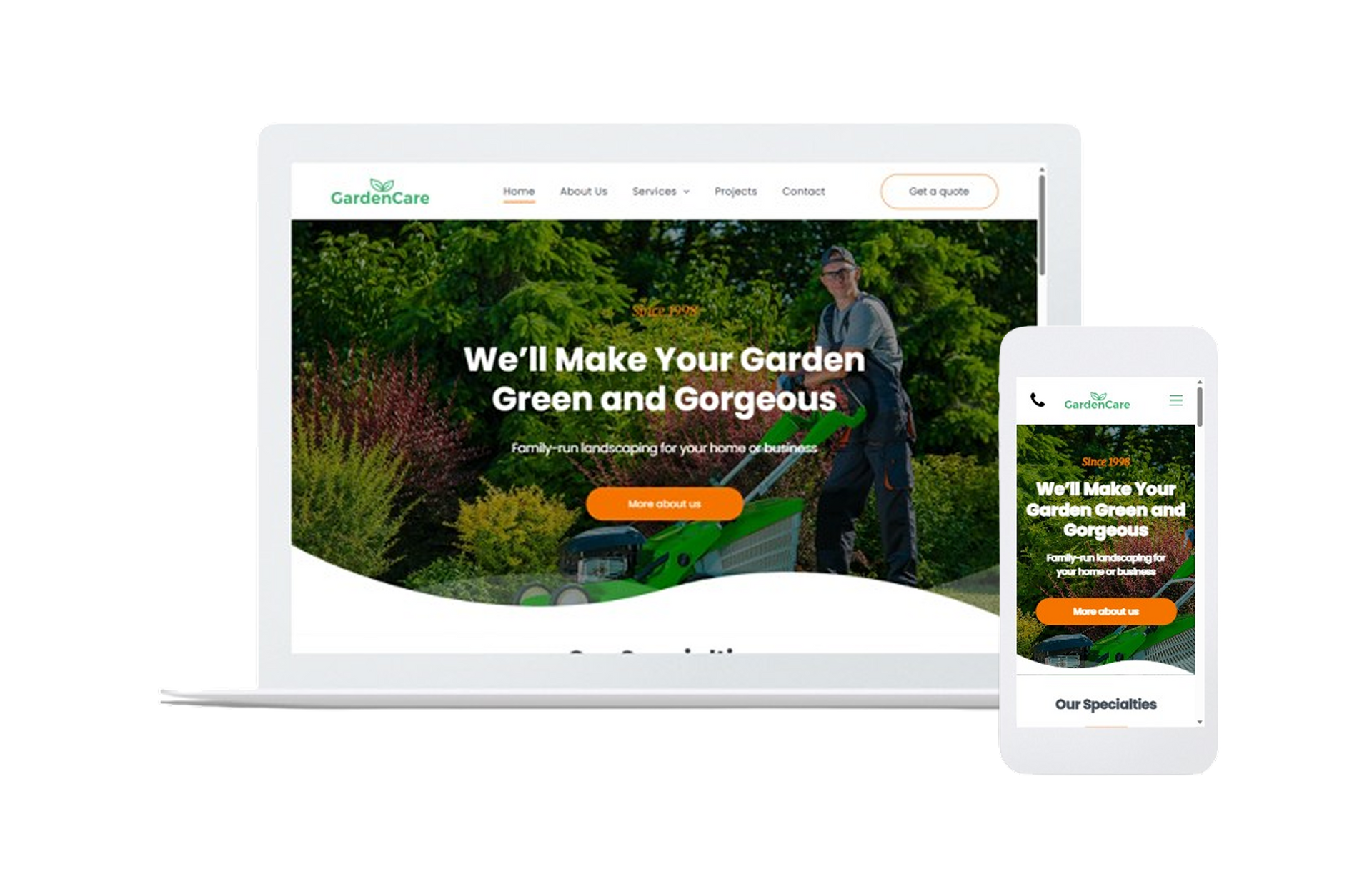Garden landscaping website shown on laptop and phone with green outdoor hero image and headline