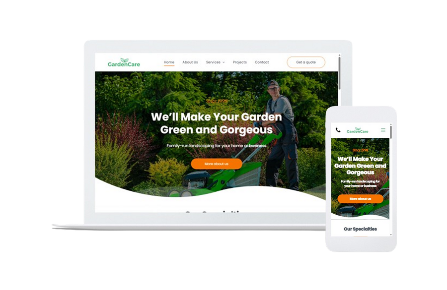 Responsive gardening website displayed on laptop and phone with lush green landscape hero image