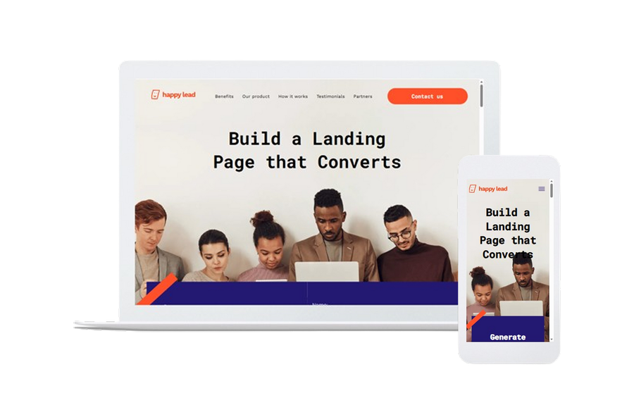 Laptop and phone mockup showing a landing page design with the headline “Build a Landing Page that Converts”