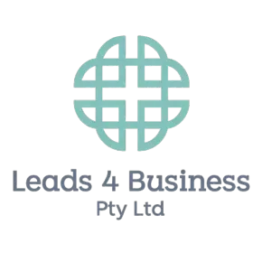 Leads 4 Business Pty Ltd logo with teal abstract globe icon and gray text on white background