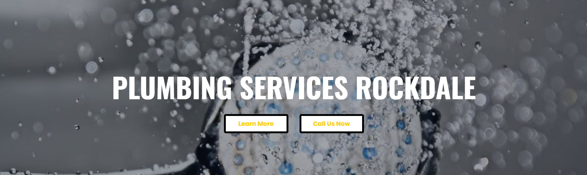 Plumbing Services Rockdale banner with water splashing over a plumber and call-to-action buttons