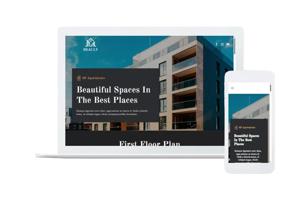 Responsive hotel website displayed on a laptop and smartphone against a white background