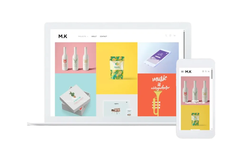 Laptop and phone displaying a colorful product website layout with cosmetics and packaged items
