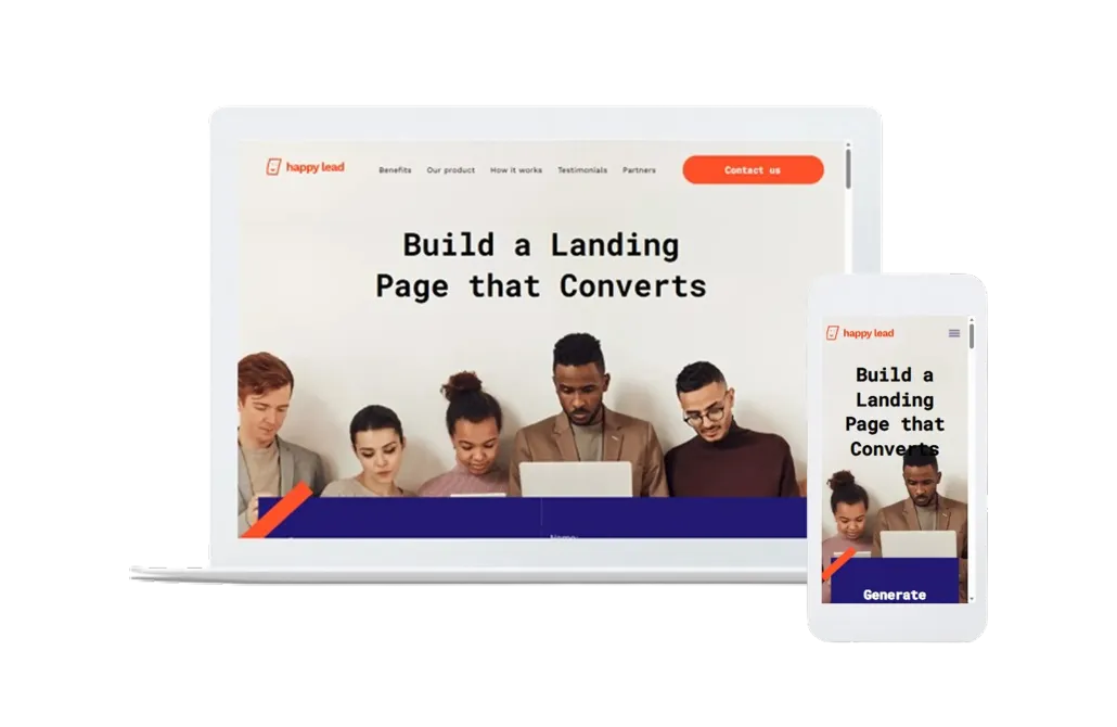 Laptop and phone displaying a landing page mockup with the text Build a Landing Page that Converts