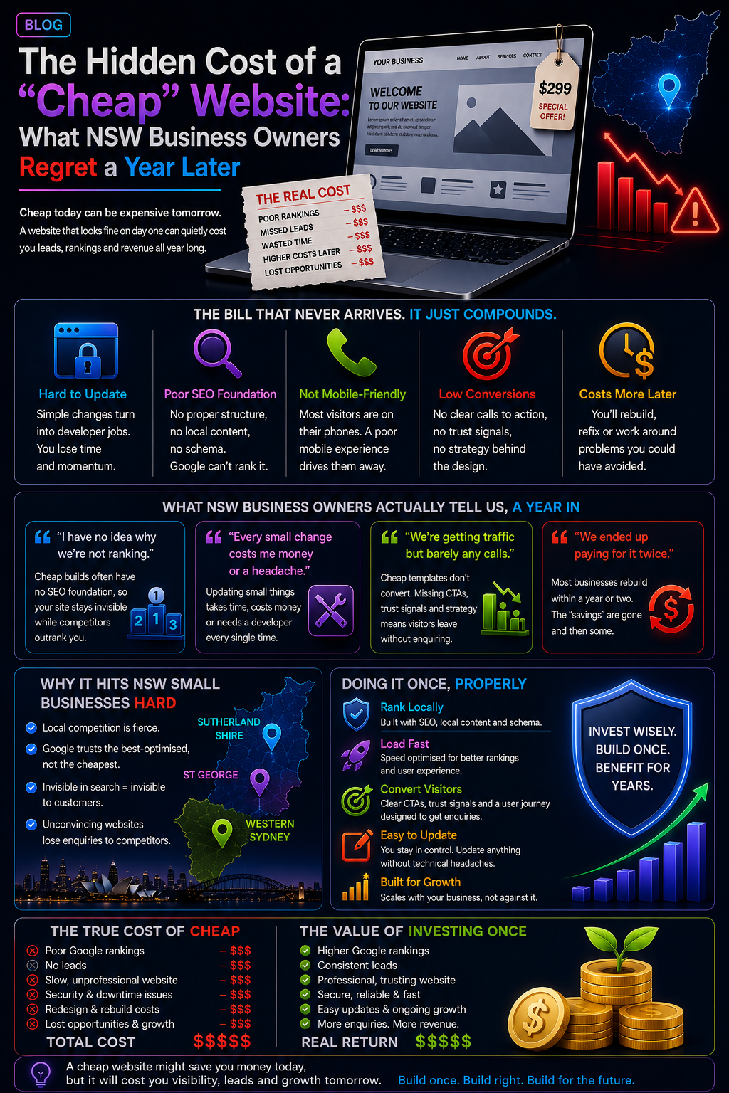 Website infographic comparing investment and social media ROI with charts, icons, and blue-pink visuals