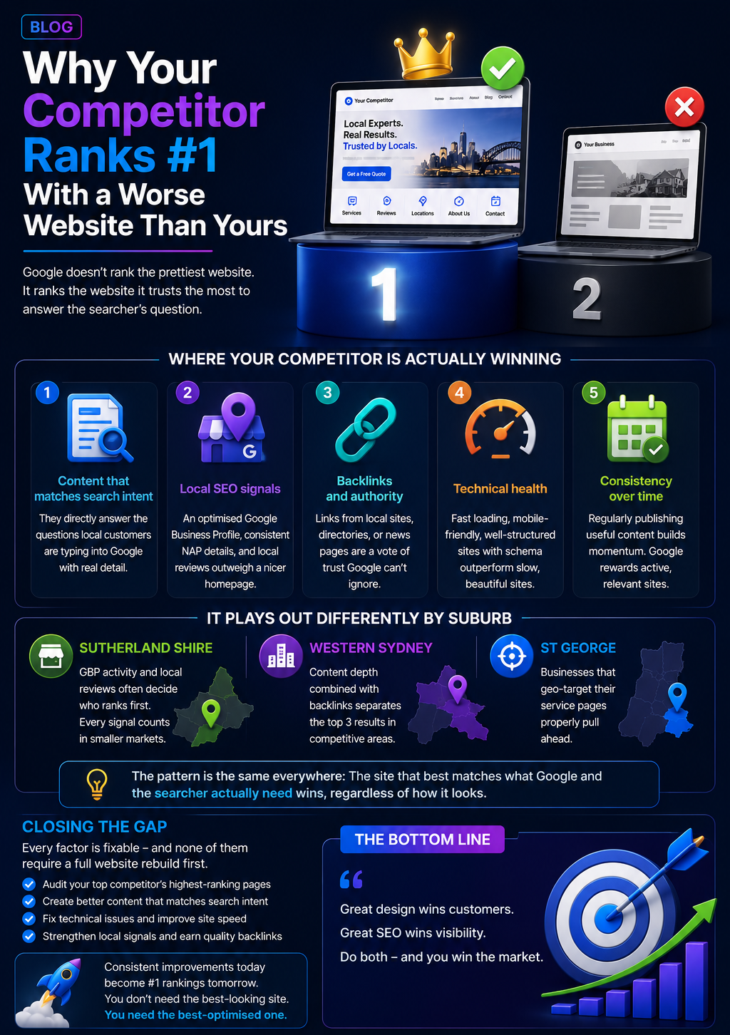 Website infographic comparing investment and social media ROI with charts, icons, and blue-pink visuals