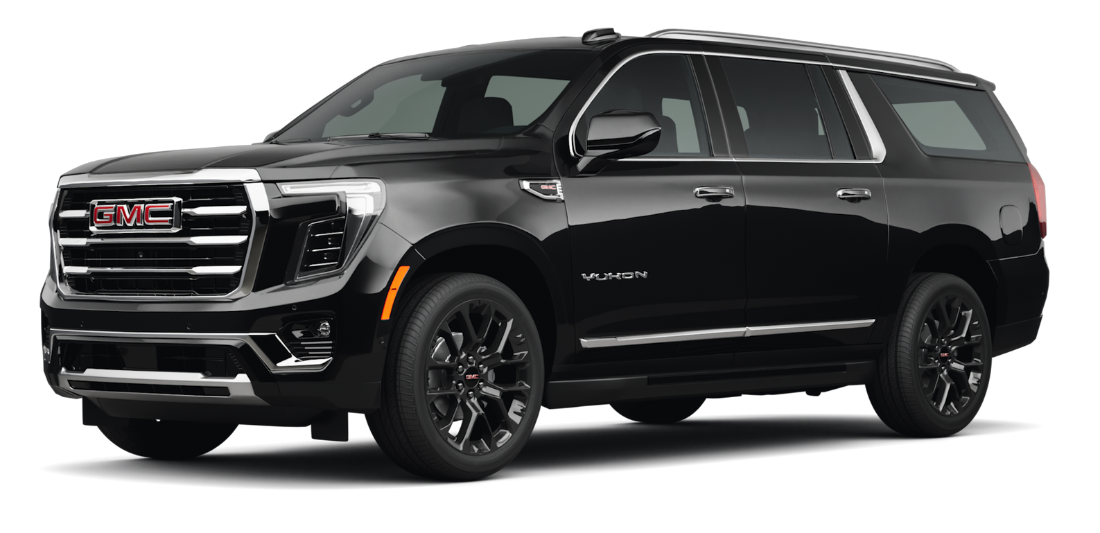 Black GMC Yukon SUV in side view, isolated on a white background