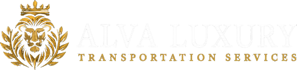Gold lion logo with ALVA LUXURY TRANSPORTATION SERVICES text on a black background