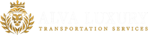 Gold lion logo with ALVA LUXURY TRANSPORTATION SERVICES text on a black background