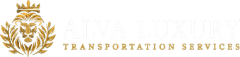 Gold lion logo with ALVA LUXURY TRANSPORTATION SERVICES text on a black background