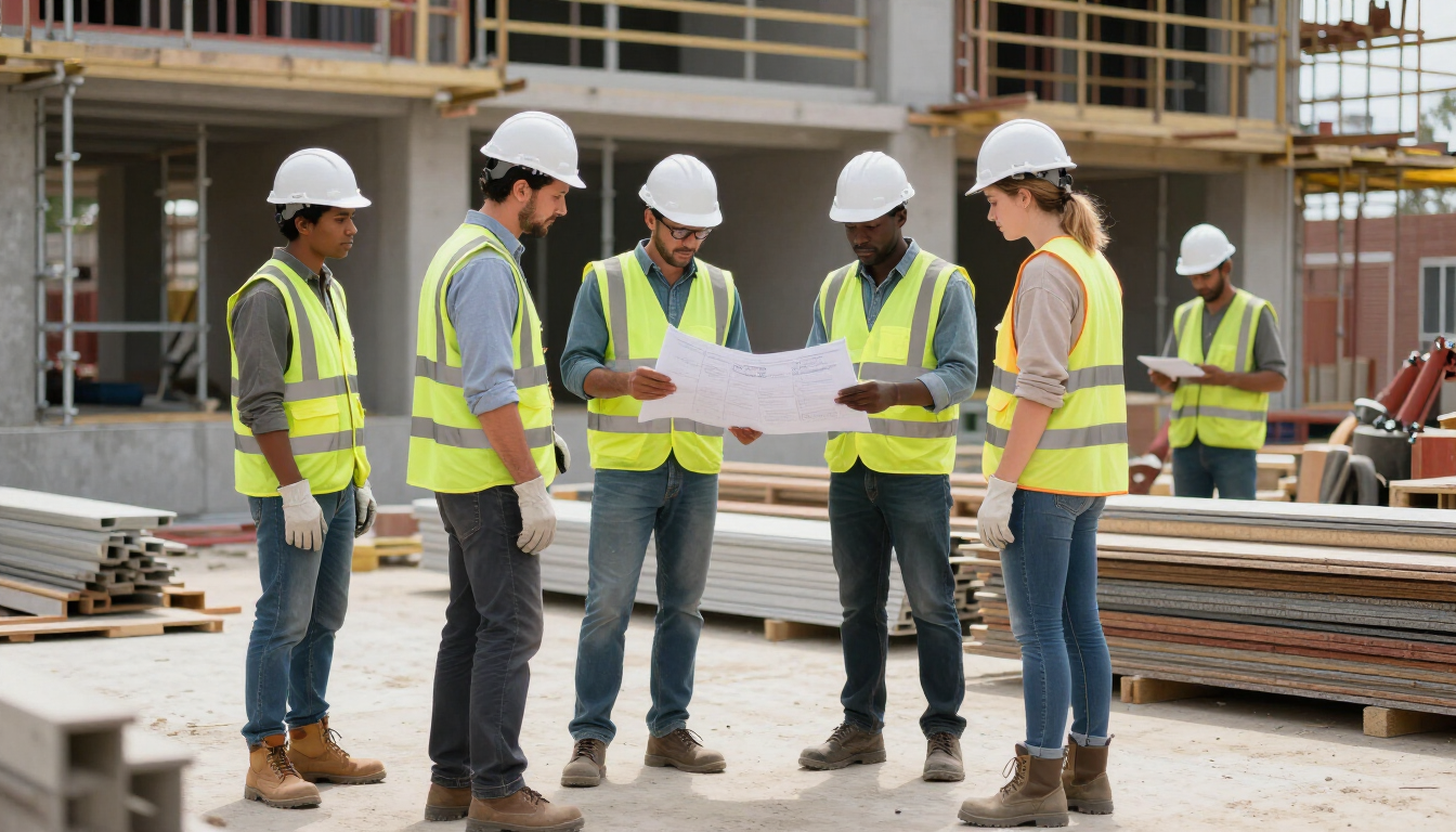 Equipo de construcción con cascos revisando planos en una obra en construcción