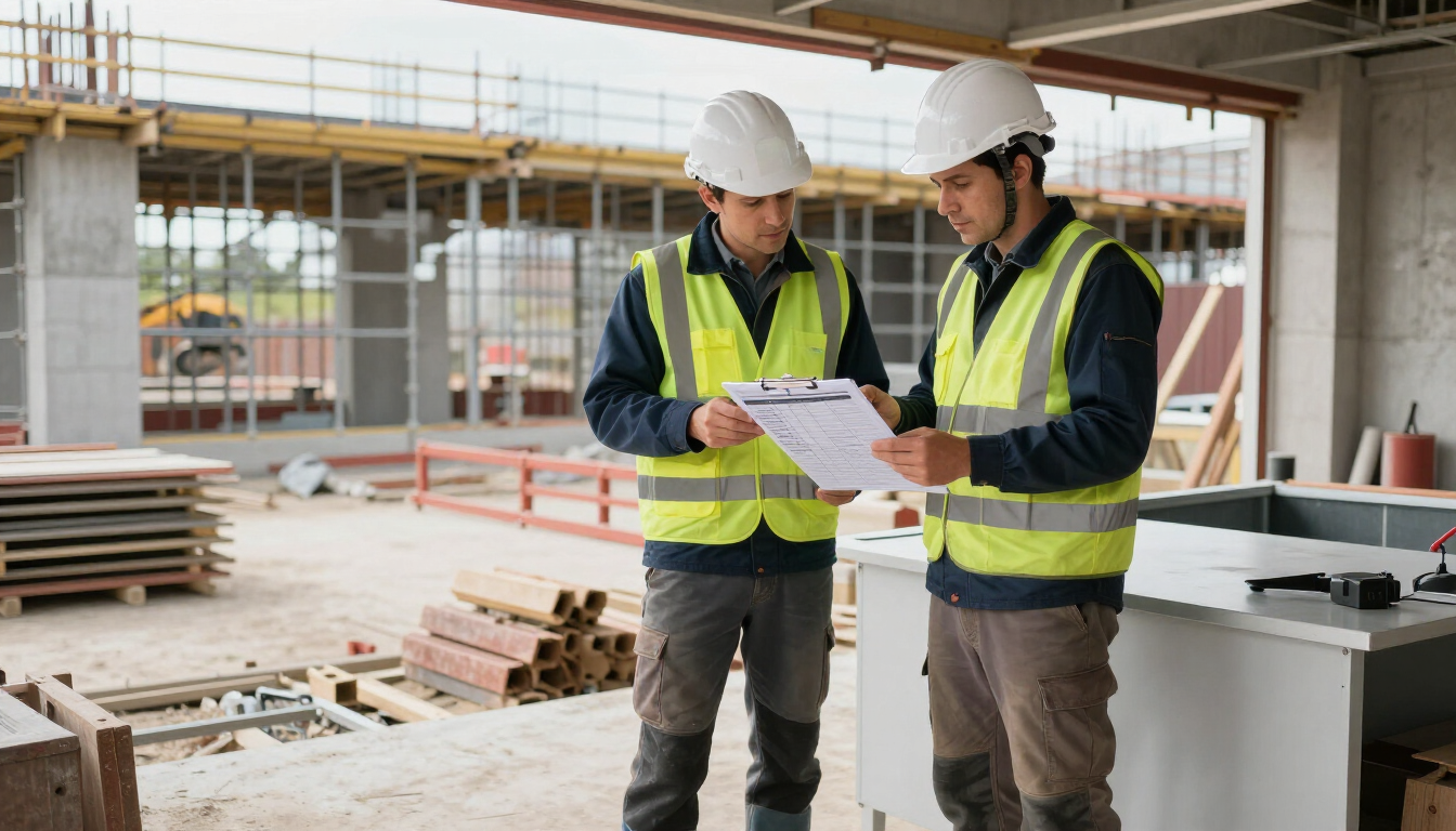 Dos trabajadores de la construcción con chalecos reflectantes y cascos revisan los planos dentro de una obra.
