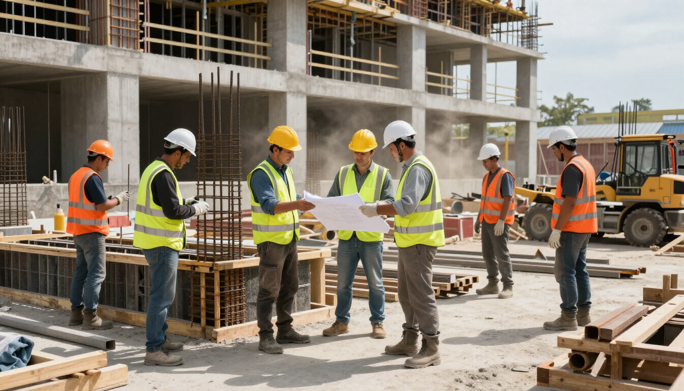 Un equipo de construcción con cascos de seguridad revisa los planos en una obra con andamios y materiales.