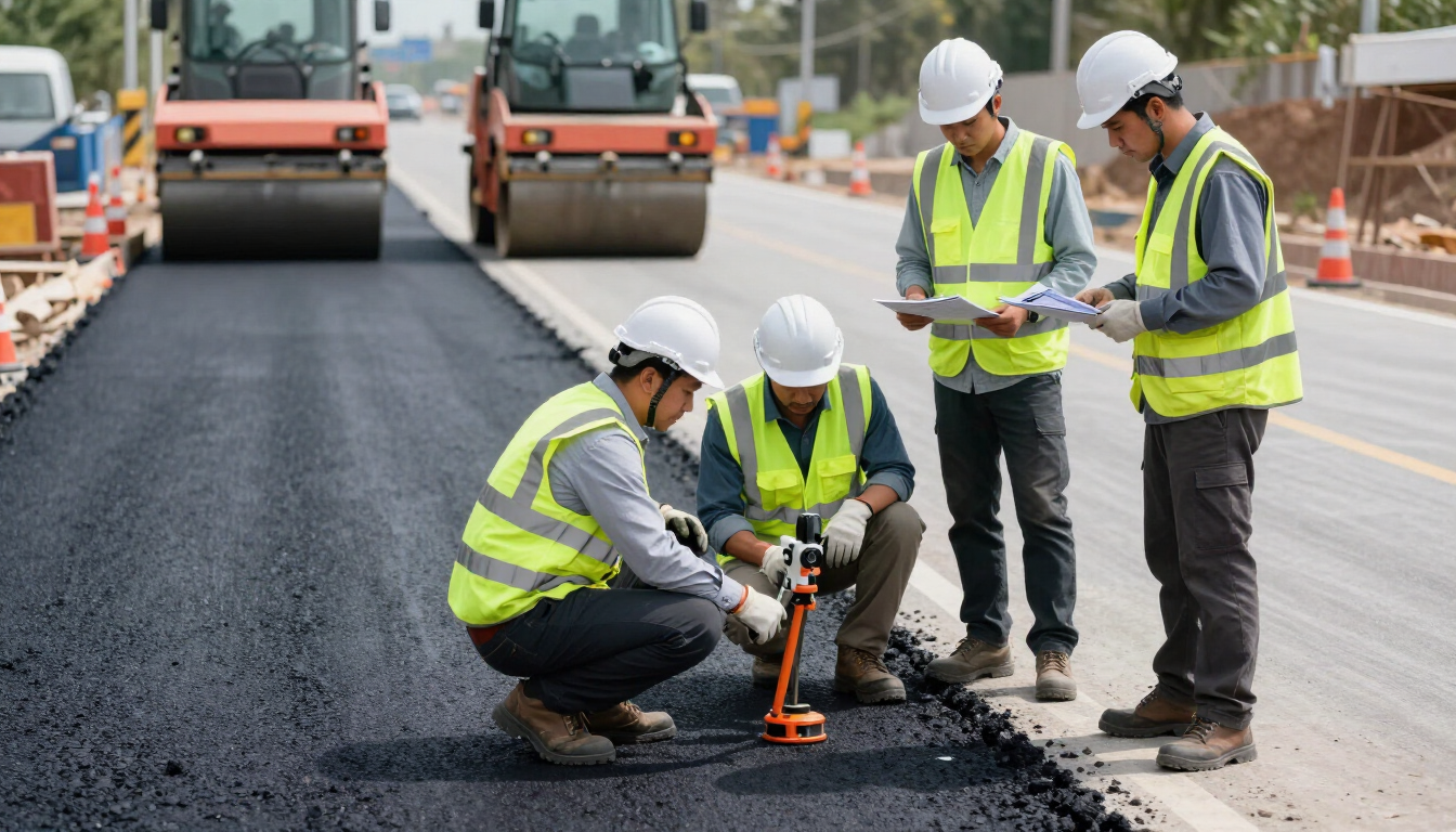 Trabajadores viales con chalecos reflectantes y cascos pavimentan con asfalto junto a un rodillo compactador
