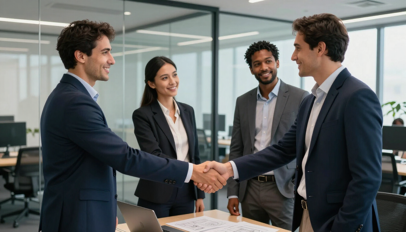Dos empresarios se dan la mano en una oficina moderna mientras dos colegas sonríen cerca.