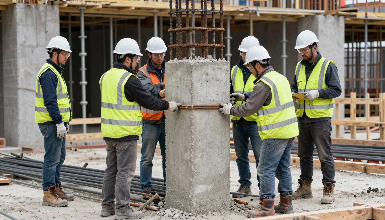 Obreros de la construcción con chalecos de seguridad y cascos rodeando un pilar de hormigón en una obra