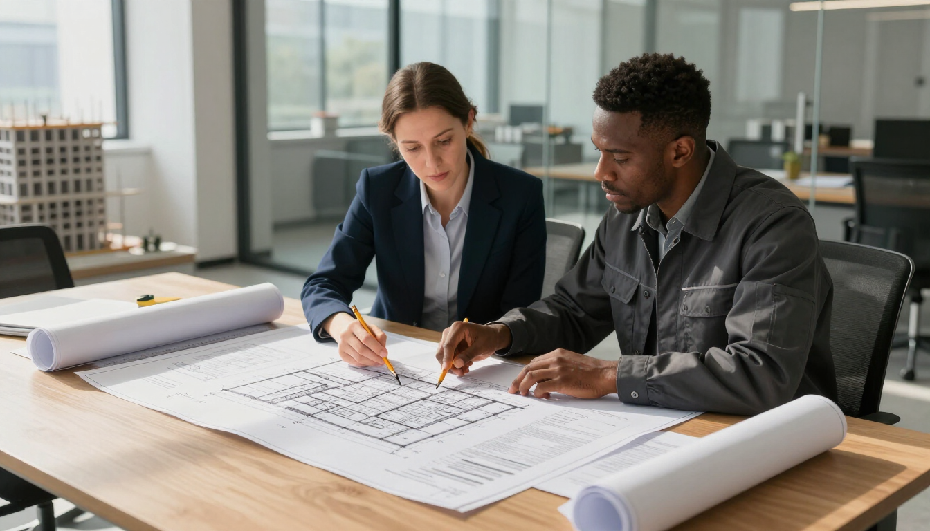 Dos colegas revisan unos planos arquitectónicos de gran formato sobre una mesa en una oficina luminosa