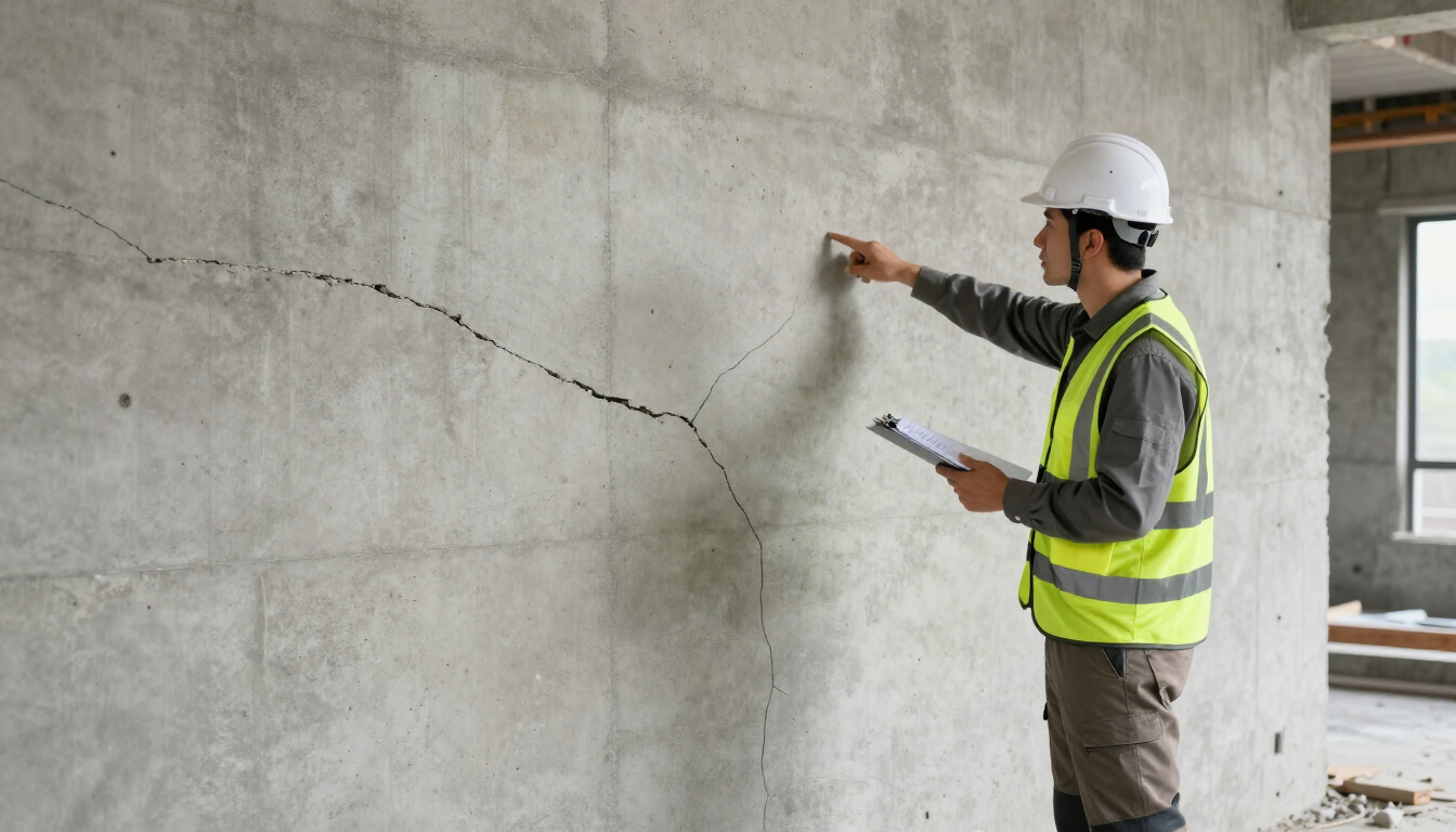 Obrero de la construcción inspeccionando una pared de hormigón agrietada con una tabla