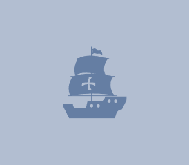 Silhouette of a sailing ship with a cross on the sail, on a blue background.