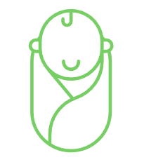 Green line drawing of a swaddled baby with a smiling face.