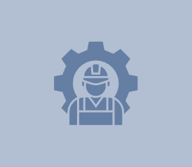 Worker icon in front of a gear; blue on a gray-blue background.