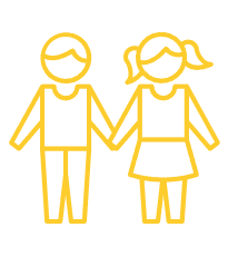Two stick figures holding hands, a boy and a girl, in yellow.